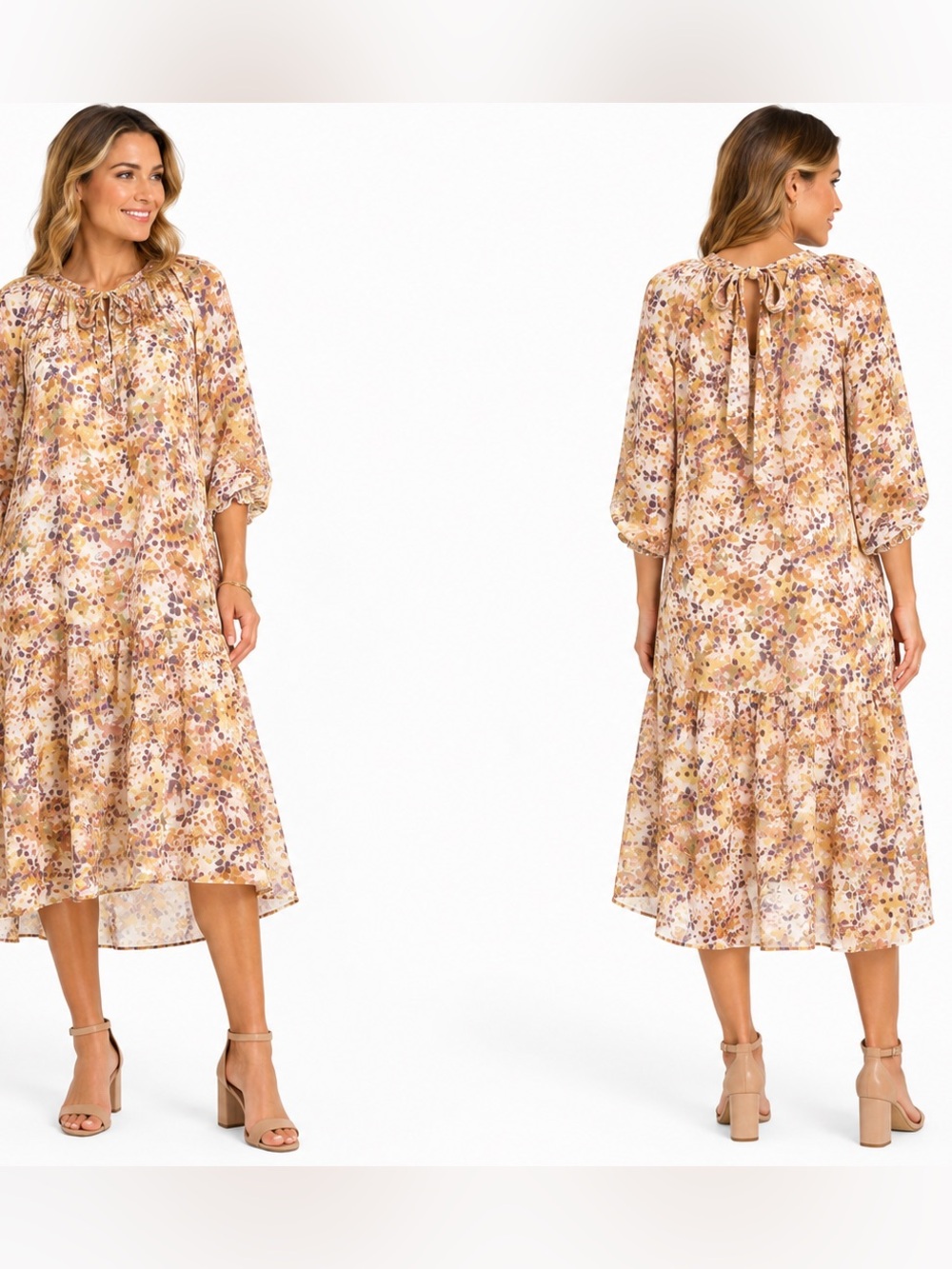 Entro Floral Mock Neck Bubble Sleeve Midi Dress – Size Large – NWT